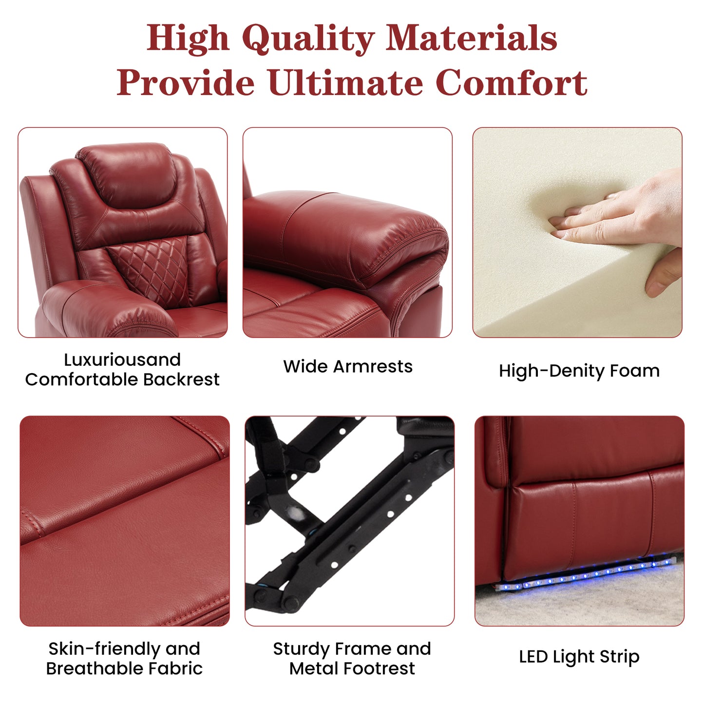 Luxurious LED-Lit Red Leather Manual Recliner Chair for Home Theater