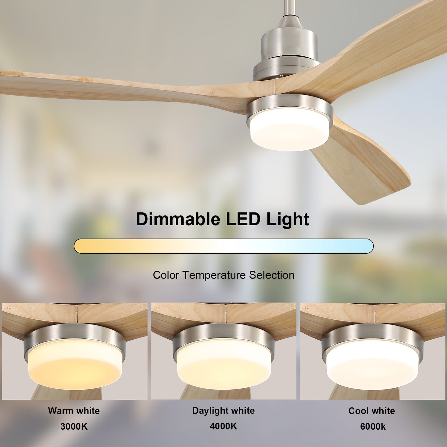 52 Reversible Wood Blade Ceiling Fan with Dimmable LED Light & Remote Control