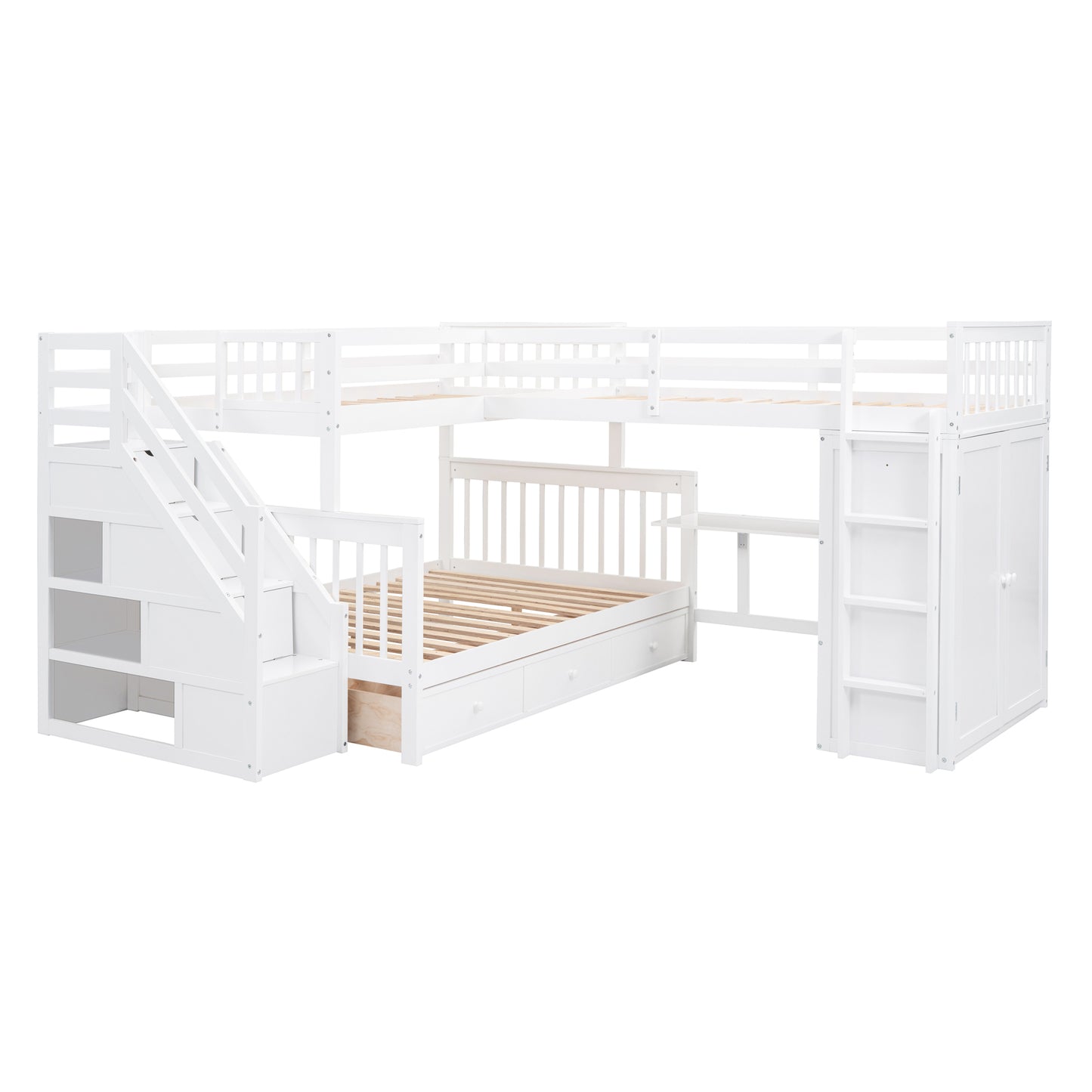 L-Shaped Bunk Bed Set with Desks, Wardrobe, Drawers, White - Space-Saving Sleepover Solution