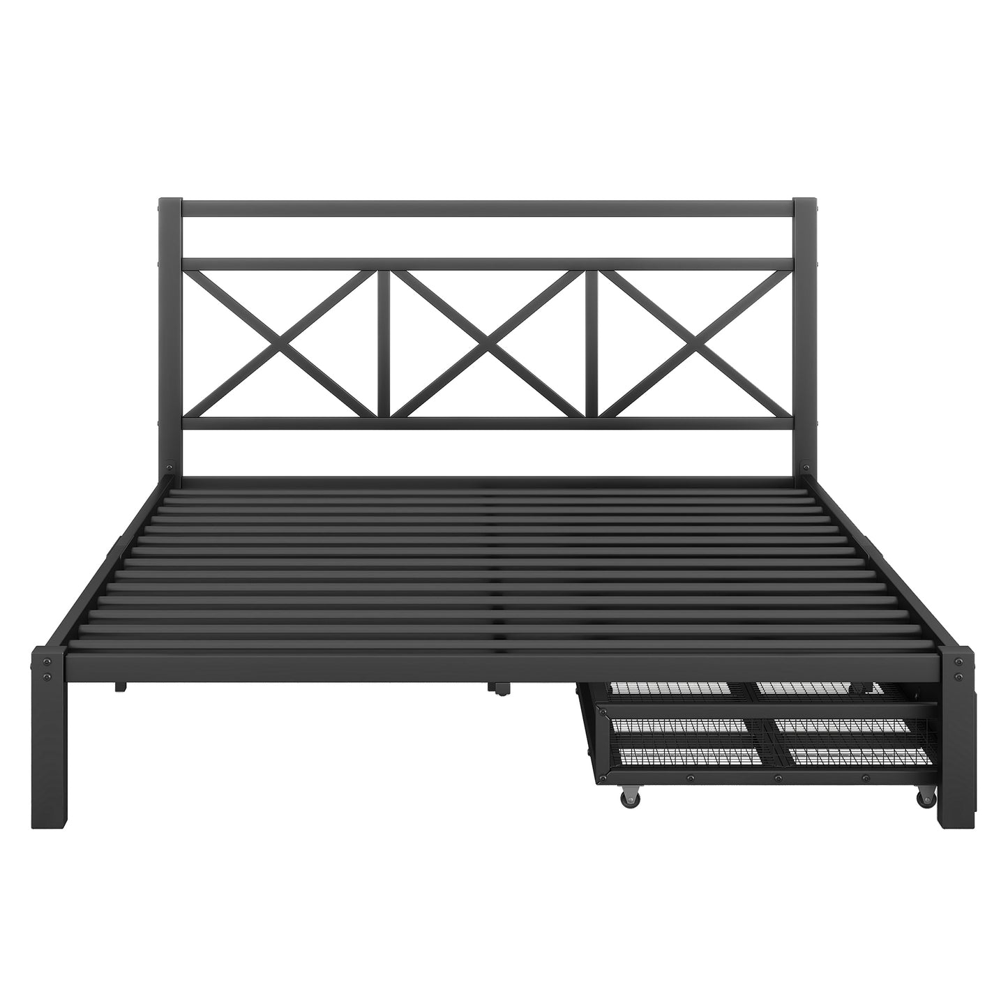 Metal Platform Bed with 2 Drawers, Queen (Black)