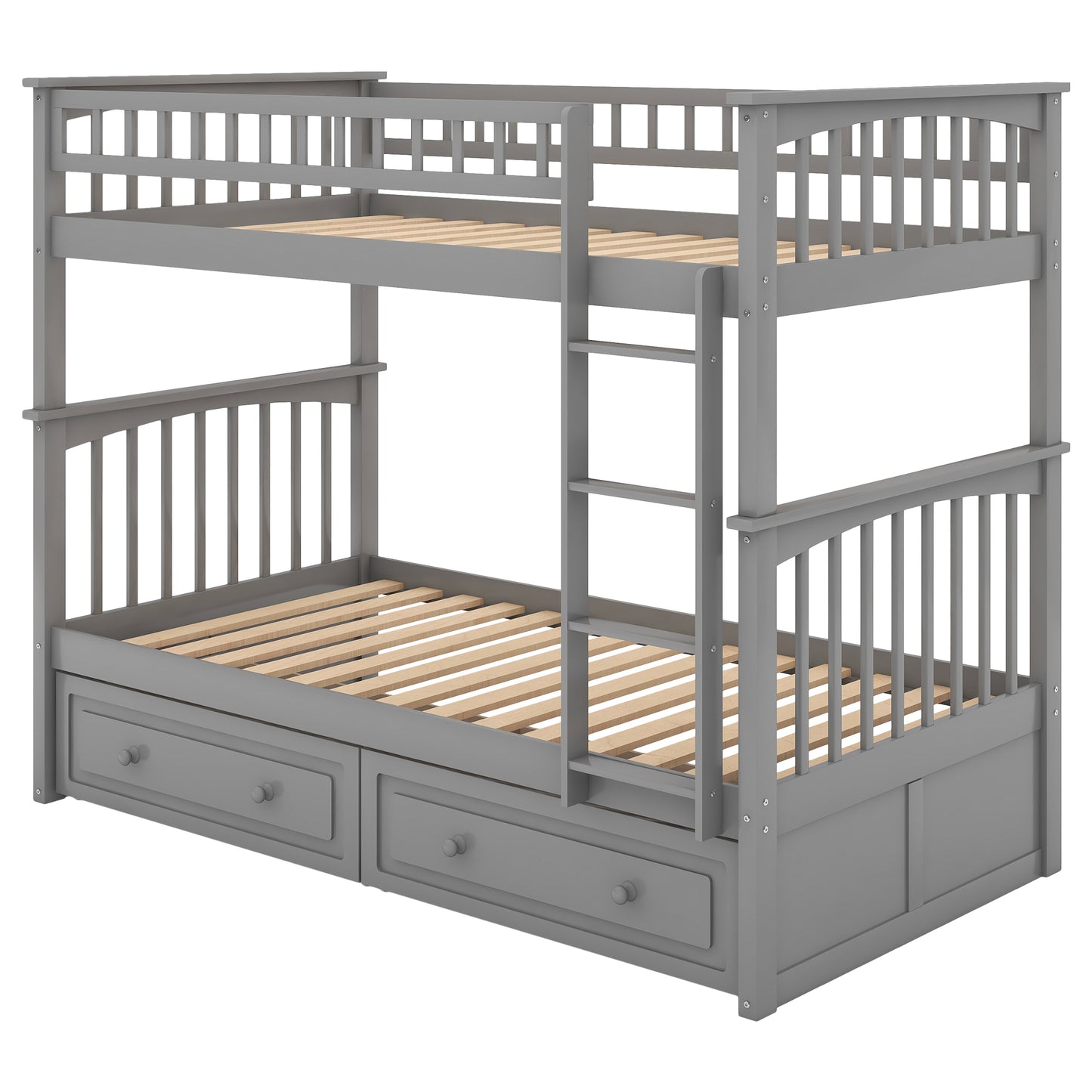 Gray Wood Convertible Bunk Bed with Twin-Over-Twin Beds and Drawers