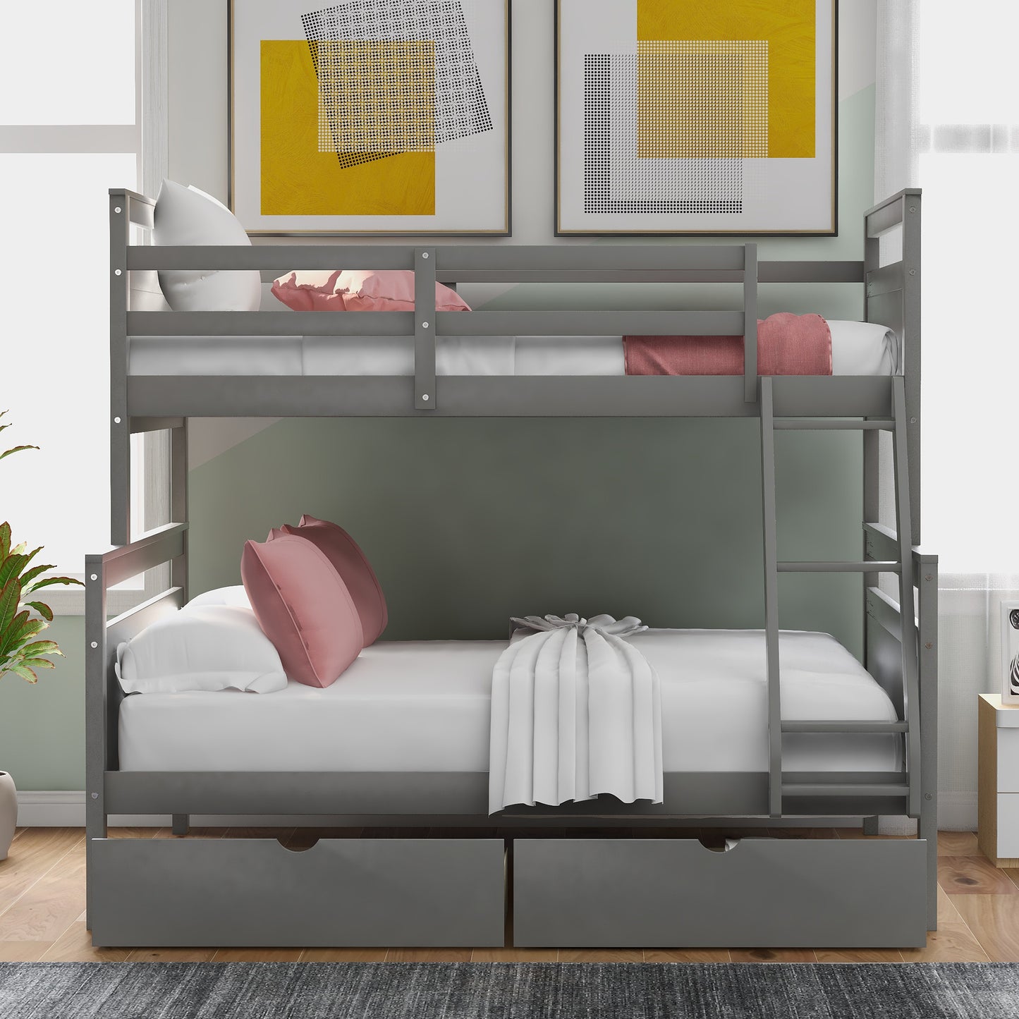 Versatile Gray Twin over Full Bunk Bed with Storage Drawers, Guardrail, and Ladder