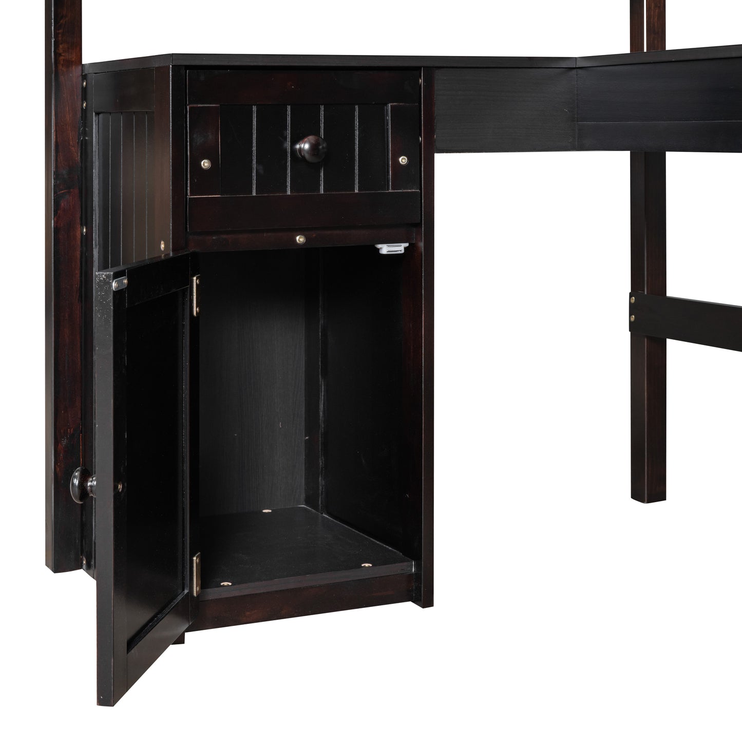 Twin size Loft Bed with Drawers, Cabinet, Shelves and Desk, Wooden Loft Bed with Desk - Espresso( :LT000505AAP)