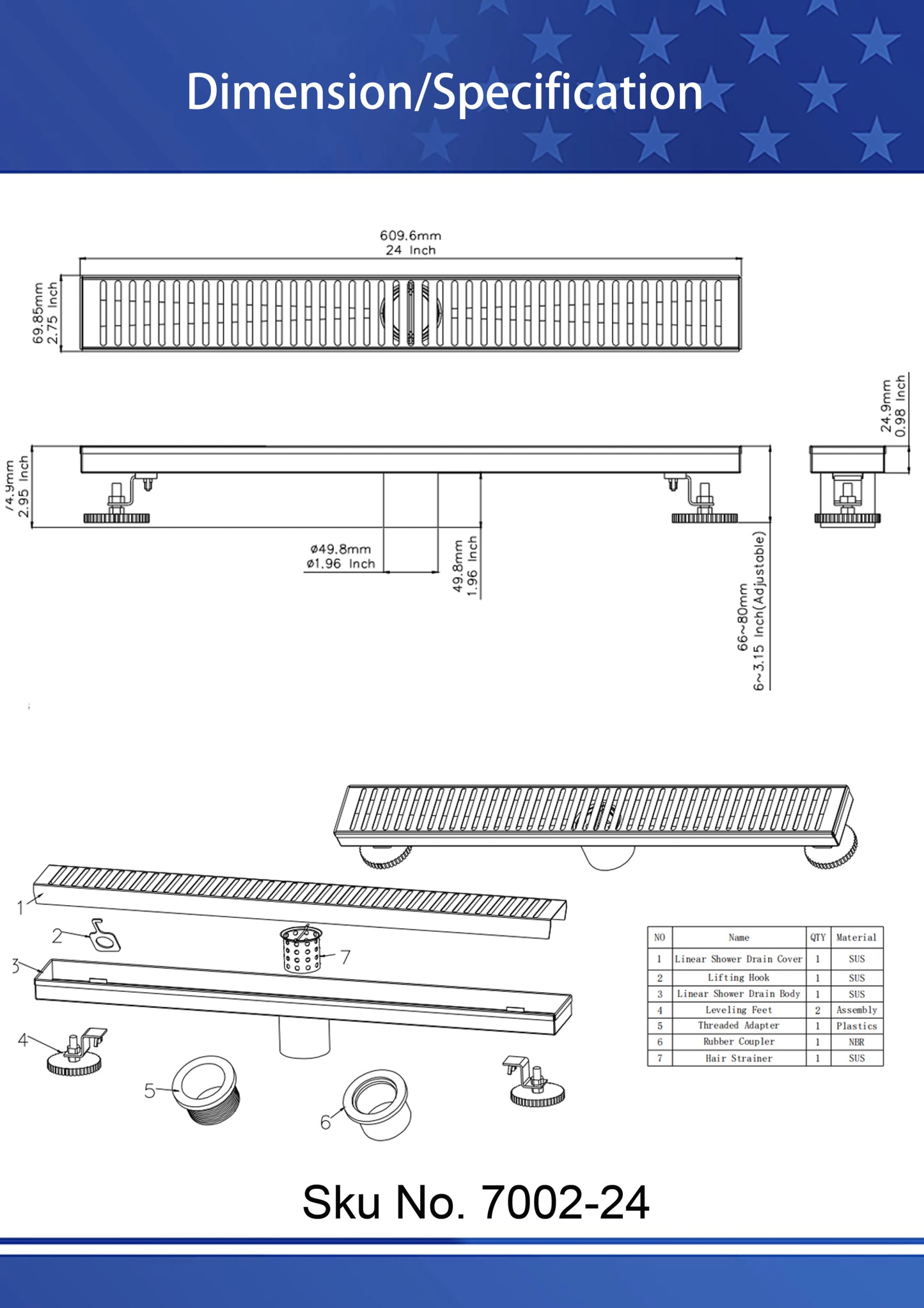 Brushed Nickel Linear Grid Shower Drain with Modern Design