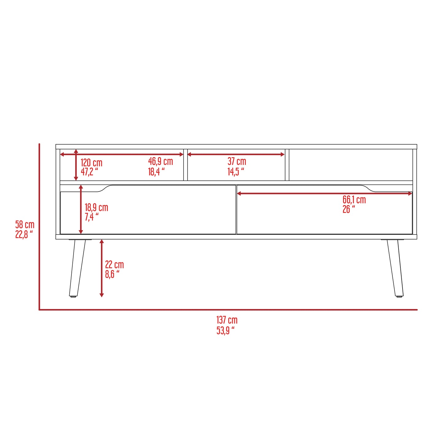 Dark Walnut TV Stand with Two Drawers and Three Shelves for up to 52 TVs