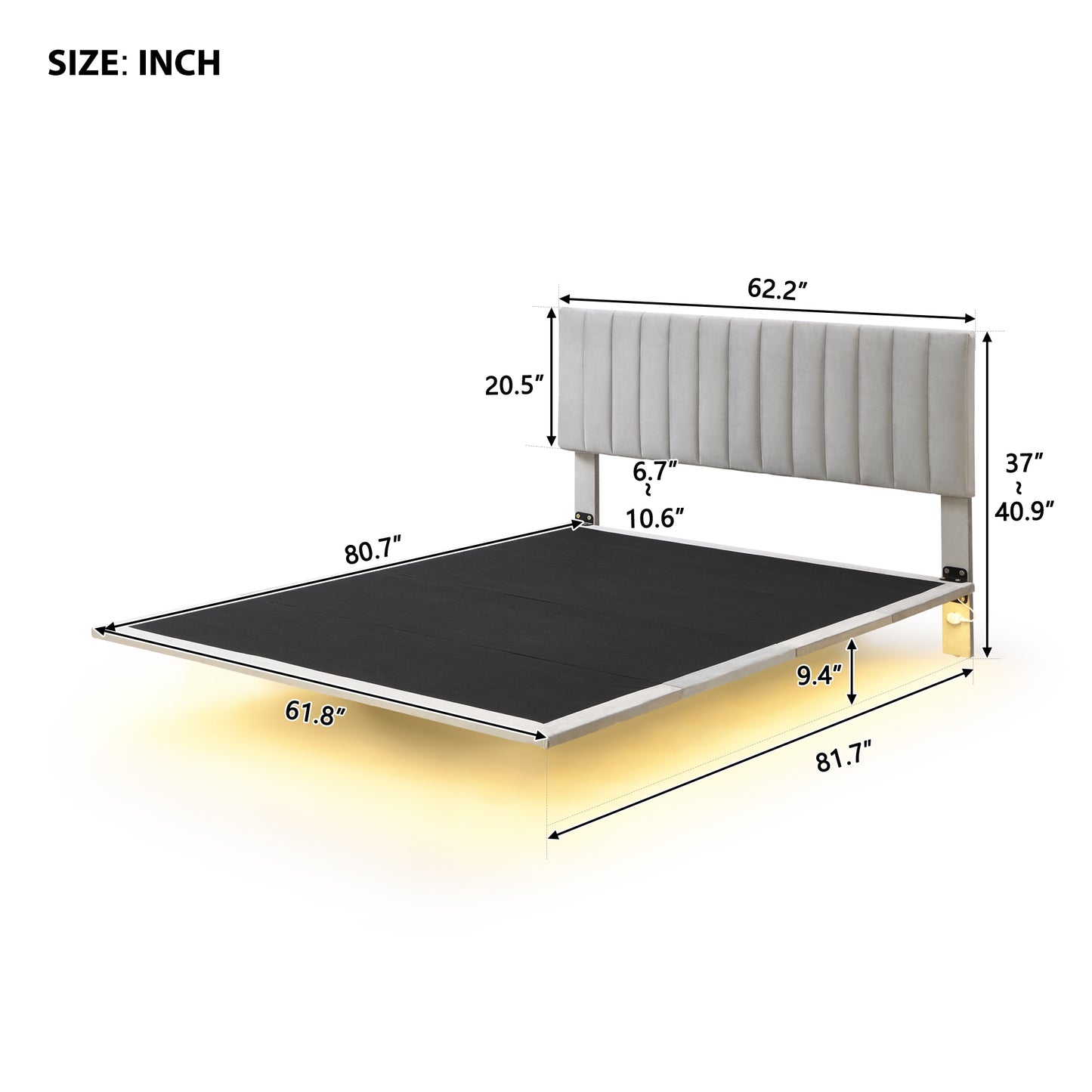 Queen Size Upholstered Bed with Sensor Light and Headboard, Floating Velvet Platform Bed, Gray