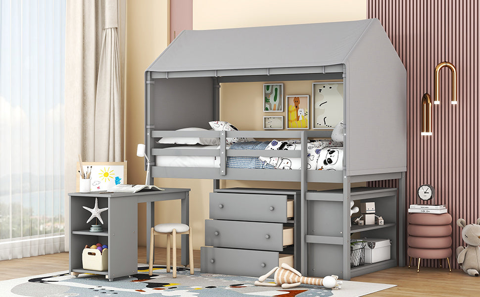 Twin Size Loft Bed with Rolling Cabinet, Shelf and Tent - Gray