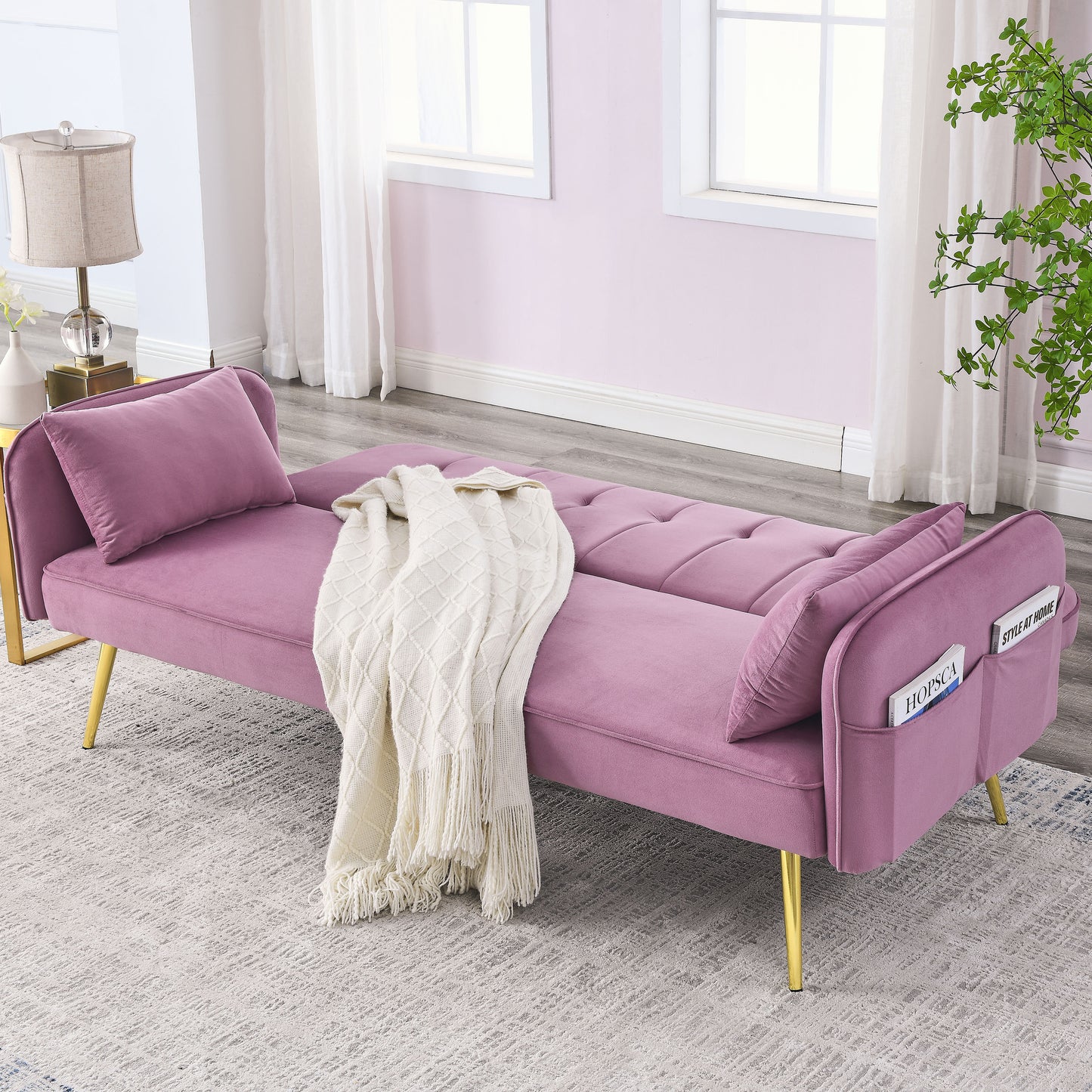 72.5 Pink Velvet Convertible Sofa Bed with Adjustable Backrest and Metal Legs