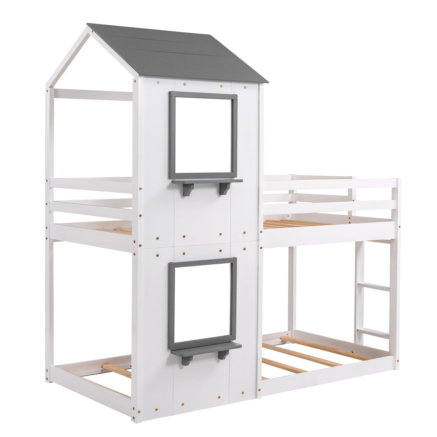 White Wooden Playhouse Bunk Bed with Roof and Guardrail