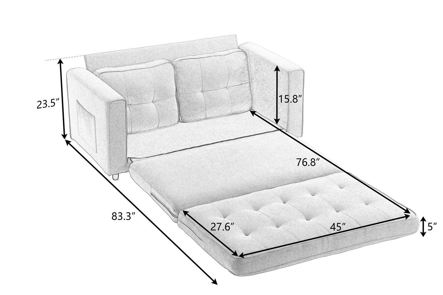 Convertible 3-Fold Sofa Bed with Side Storage, Velvet Linen Fabric