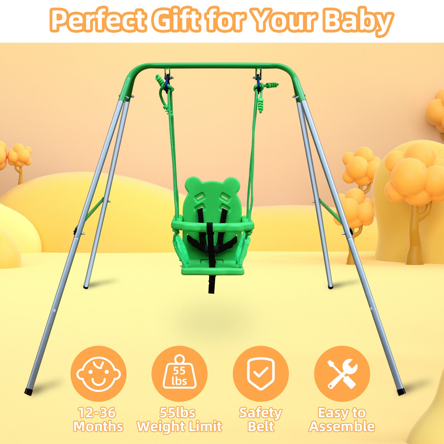 Portable Toddler Baby Swing Set for Indoor and Outdoor Use with Safety Harness and Handrails