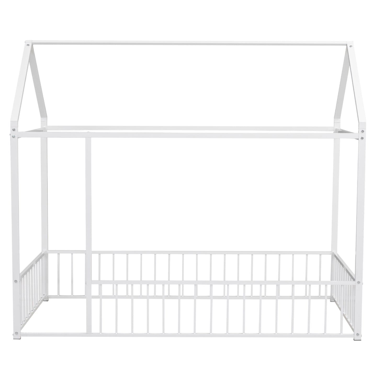 Twin Size Metal Bed House Bed Frame with Fence, for Kids, Teens, Girls, Boys, White