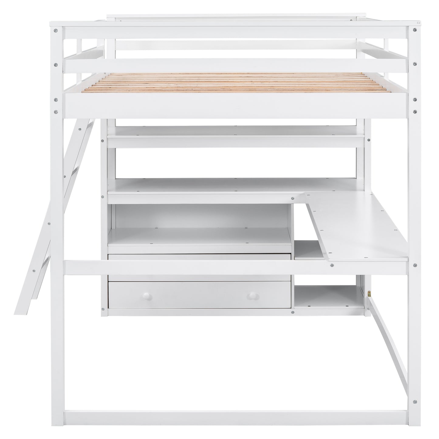 Full Size Loft Bed with Desk and Shelves,Two Built-in Drawers,White(: SM000416AAK)