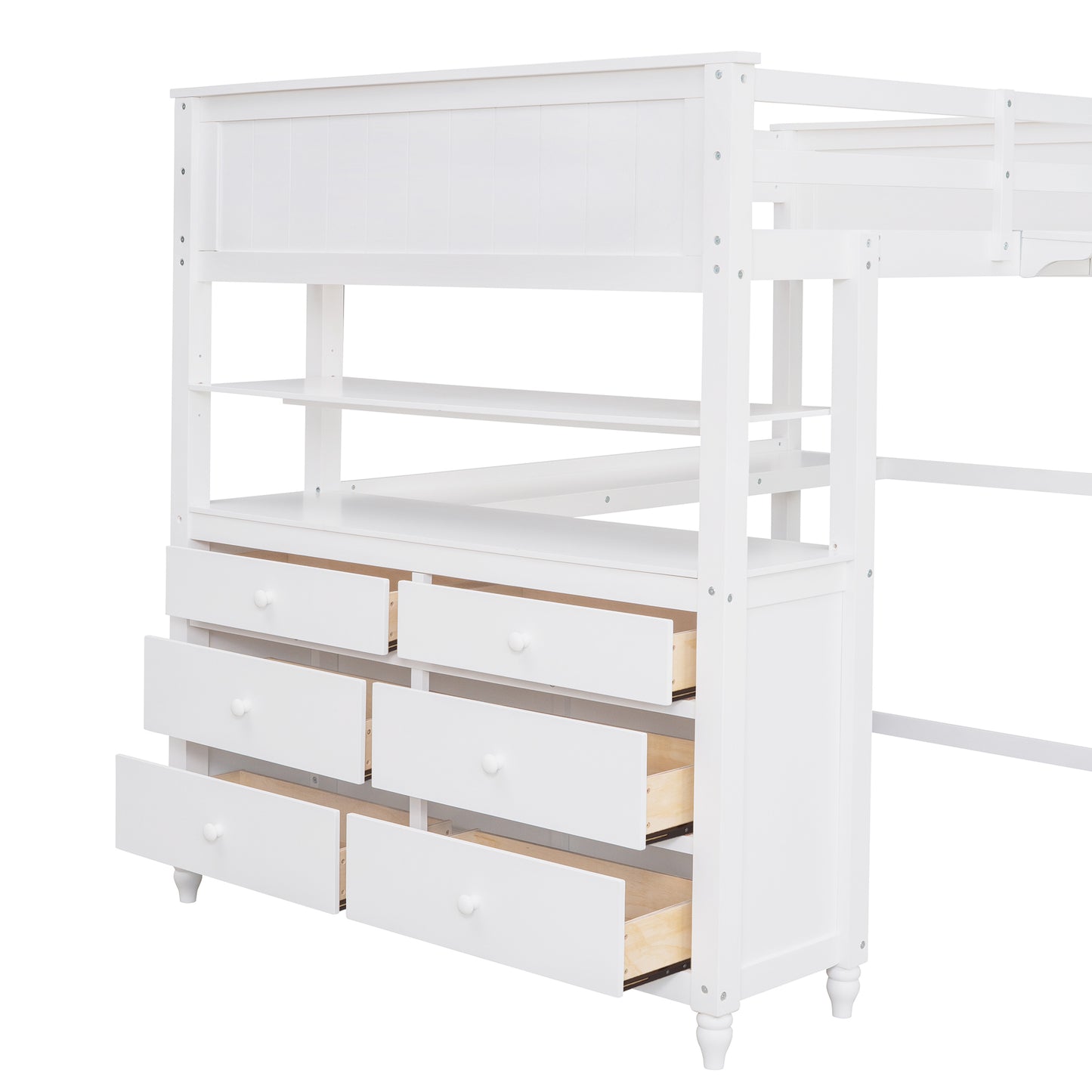 Full size Loft Bed with Drawers and Desk, Wooden Loft Bed with Shelves - White