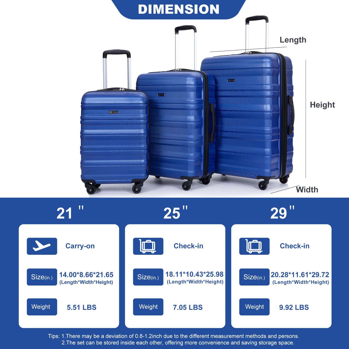 3 Piece Luggage Sets PC Lightweight & Durable Expandable Suitcase with Two Hooks, Spinner Wheels, TSA Lock, (21/25/29) Dark Blue