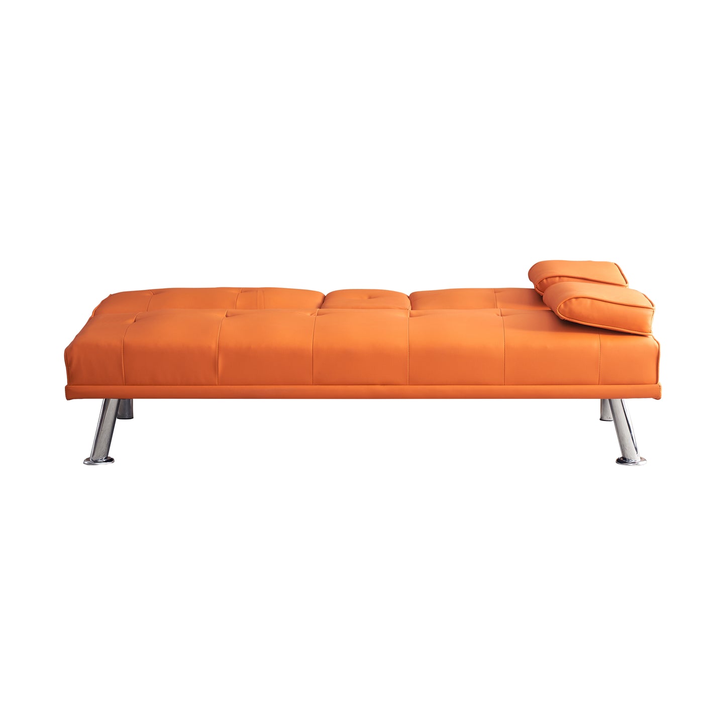 67 Orange Leather Multifunctional Double Folding Sofa Bed with Built-In Coffee Table