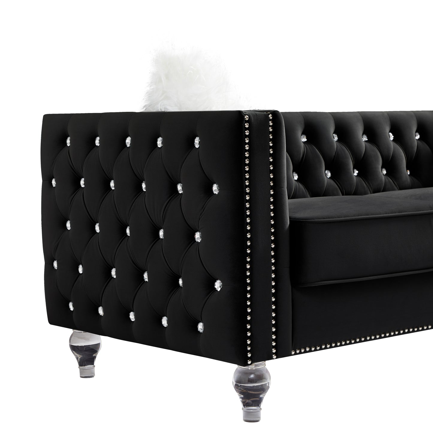 2066 Two-seat Black Velvet Sofa with Crystal Buttons and Throw Pillows