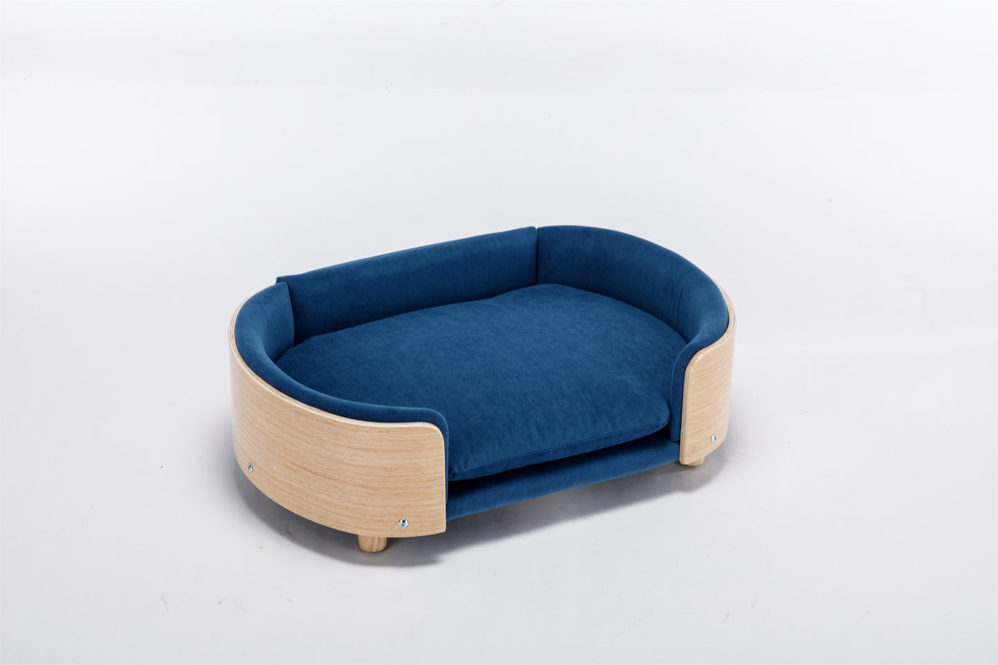 Scandinavian style Elevated Dog Bed Pet Sofa With Solid Wood legs and Bent Wood Back, Velvet Cushion,Mid Size,Dark Blue