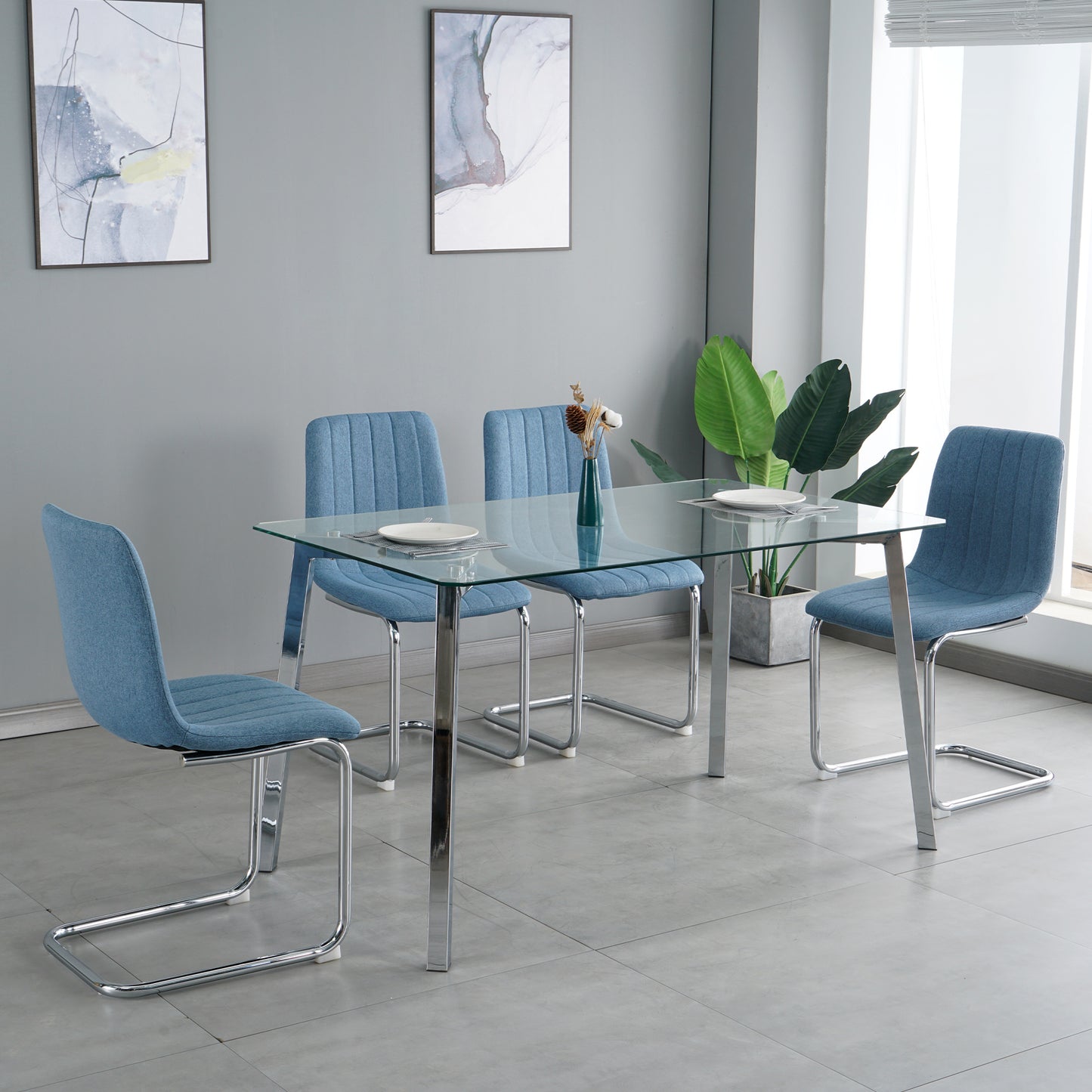 Dining furniture 51.1" Table with four chairs,0.3" Clear tempered glass with chrome metal legs,fabric chair with chrome metal legs.