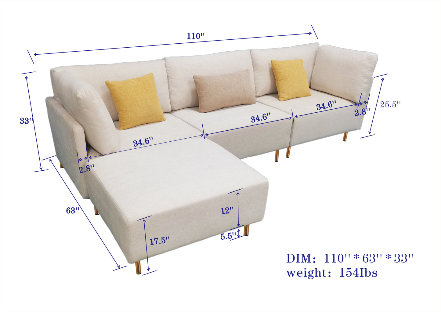 SOFA;SECTIONAL SOFA;SEPARABLE;COTTON LINEN CLOTH FABRIC;HARDWARE FEET;EQUIPPED WITH PILLOWS;