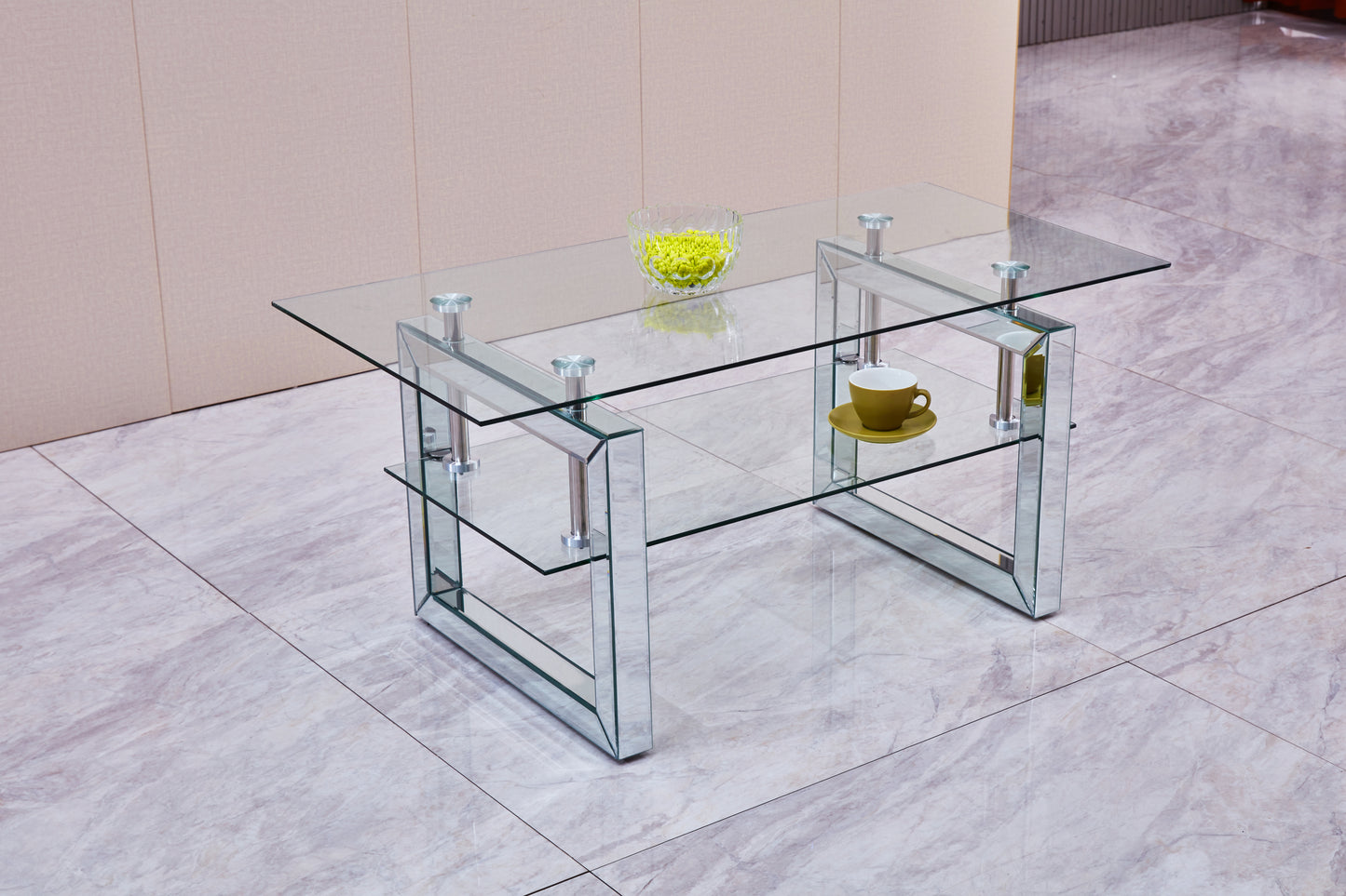 Modern Transparent Tempered Glass Coffee Table with Mirror Design