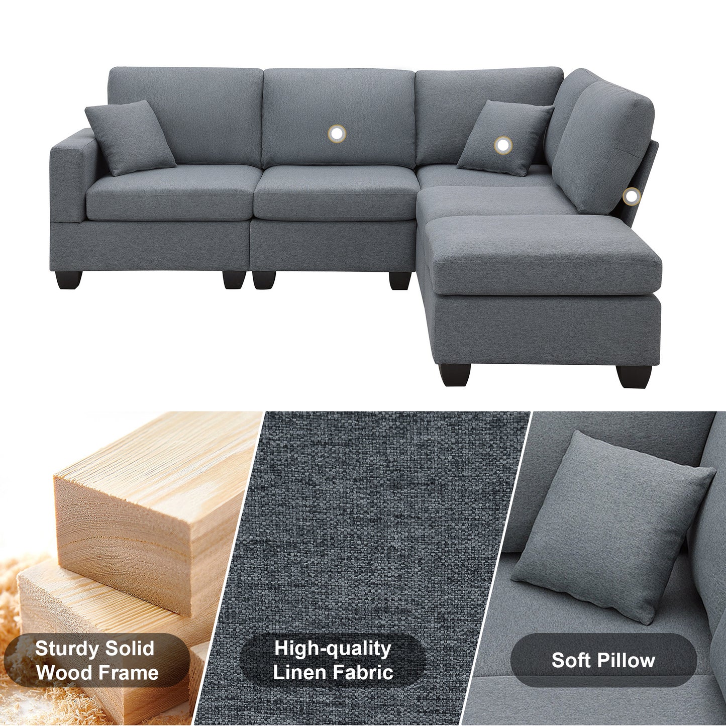 Modern L-Shaped Sectional Sofa Set with Convertible Ottoman and 2 Pillows