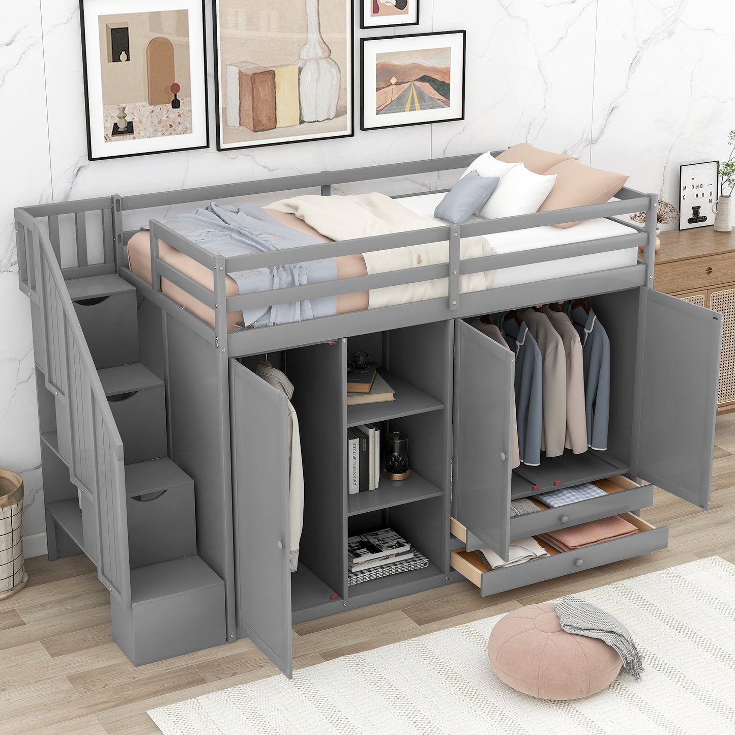 Functional Loft Bed with 3 Shelves, 2 Wardrobes and 2 Drawers,  Ladder with Storage, No Box Spring Needed, Gray