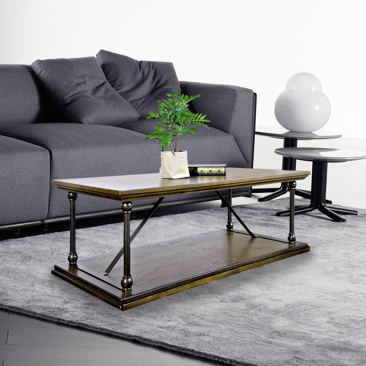 Brown and Black Country Style Coffee Table with Bottom Shelf - 47.2 W X 23.6 D X 16.9 H