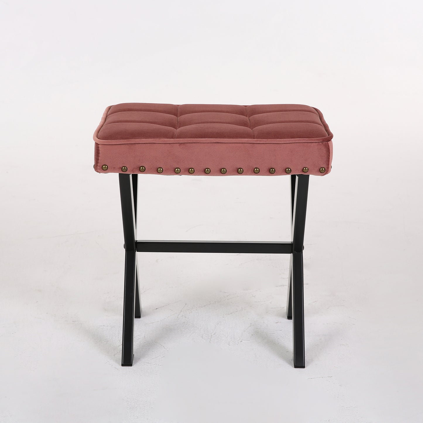 Fabric Upholstered Bench Ottoman Footstool Seat with X-Shaped Metal Legs (Pink)