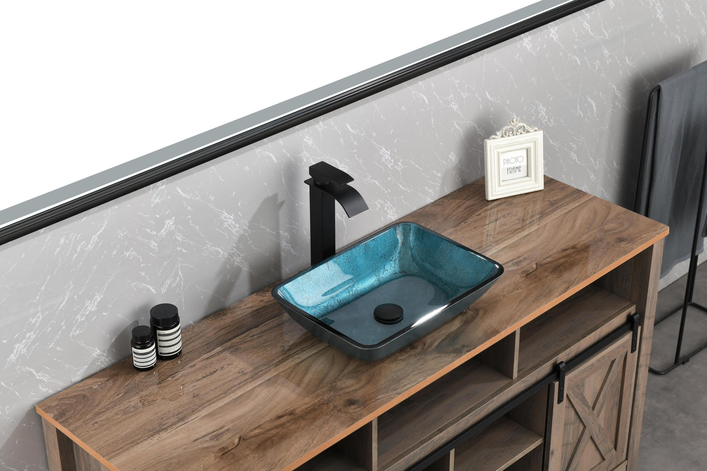 Handcrafted Blue Glass Rectangular Vessel Sink Set with Matte Black Faucet and Pop-Up Drain