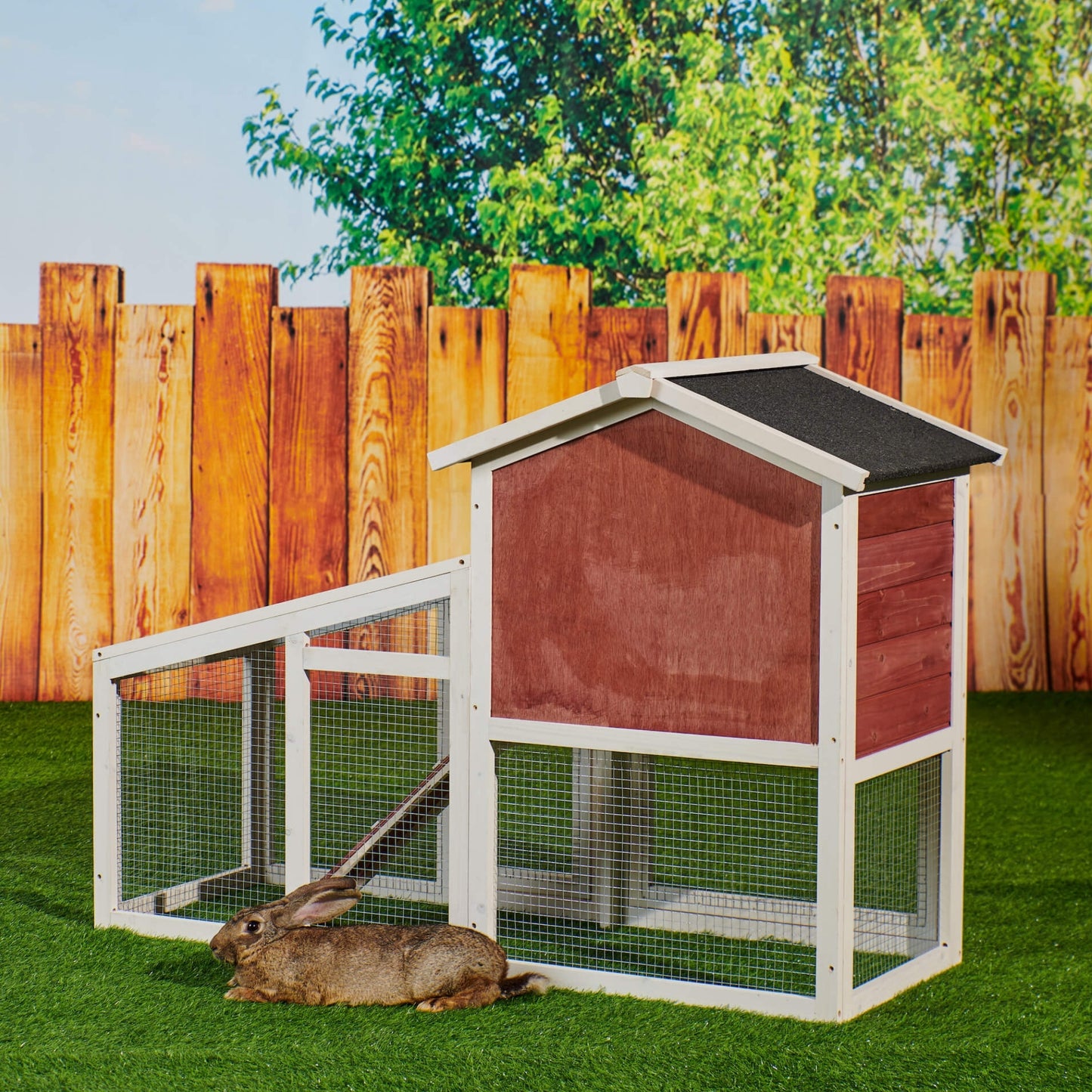 Rabbit Hutch Indoor Outdoor, Wooden Chicken Coop, Bunny Cage Hen House with Run, Ventilation Door, Removable Tray, Ramp, Sunlight Panel, Backyard Garden Animals Pet Cage Auburn