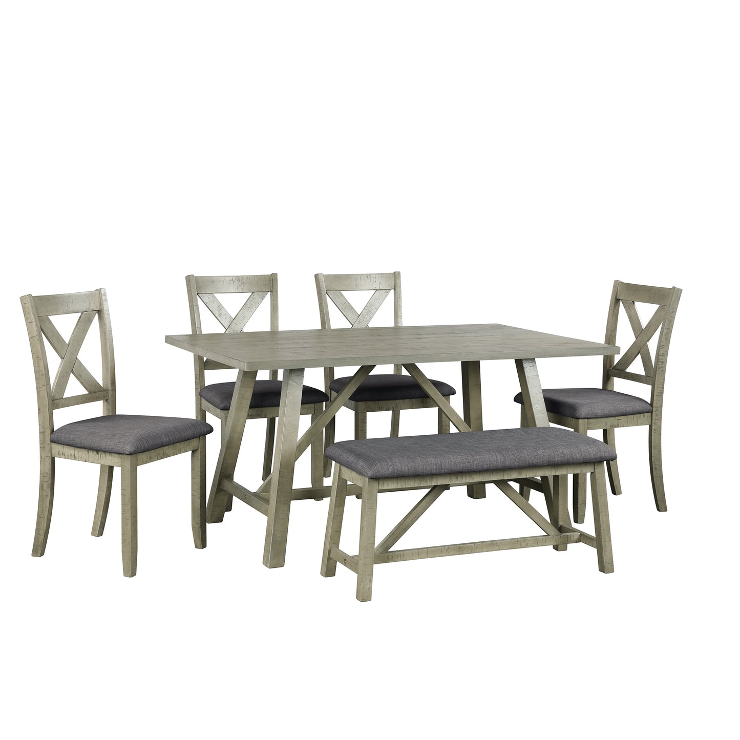 6 Piece Dining Table Set Wood Dining Table and chair Kitchen Table Set with Table, Bench and 4 Chairs, Rustic Style, Gray(No Difference with SH000109AAE)