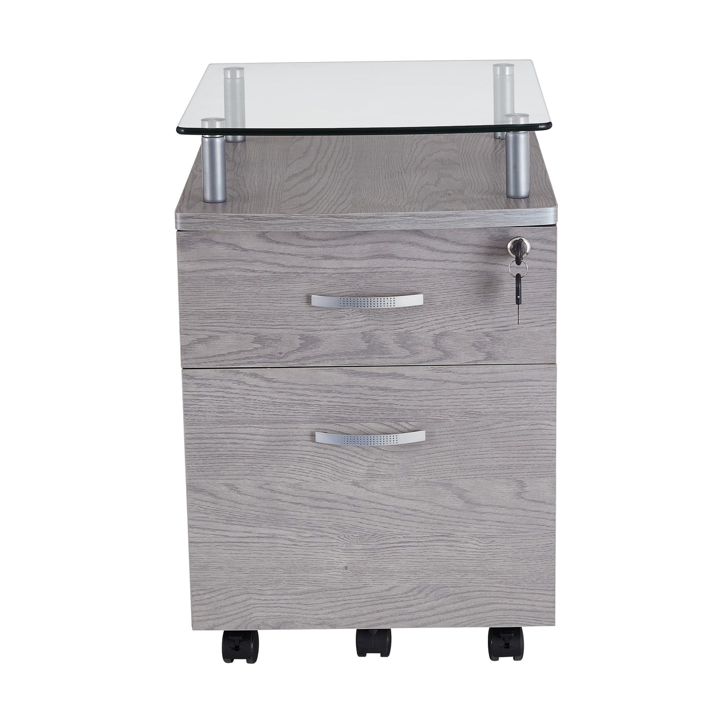 Grey Rolling File Cabinet with Glass Top