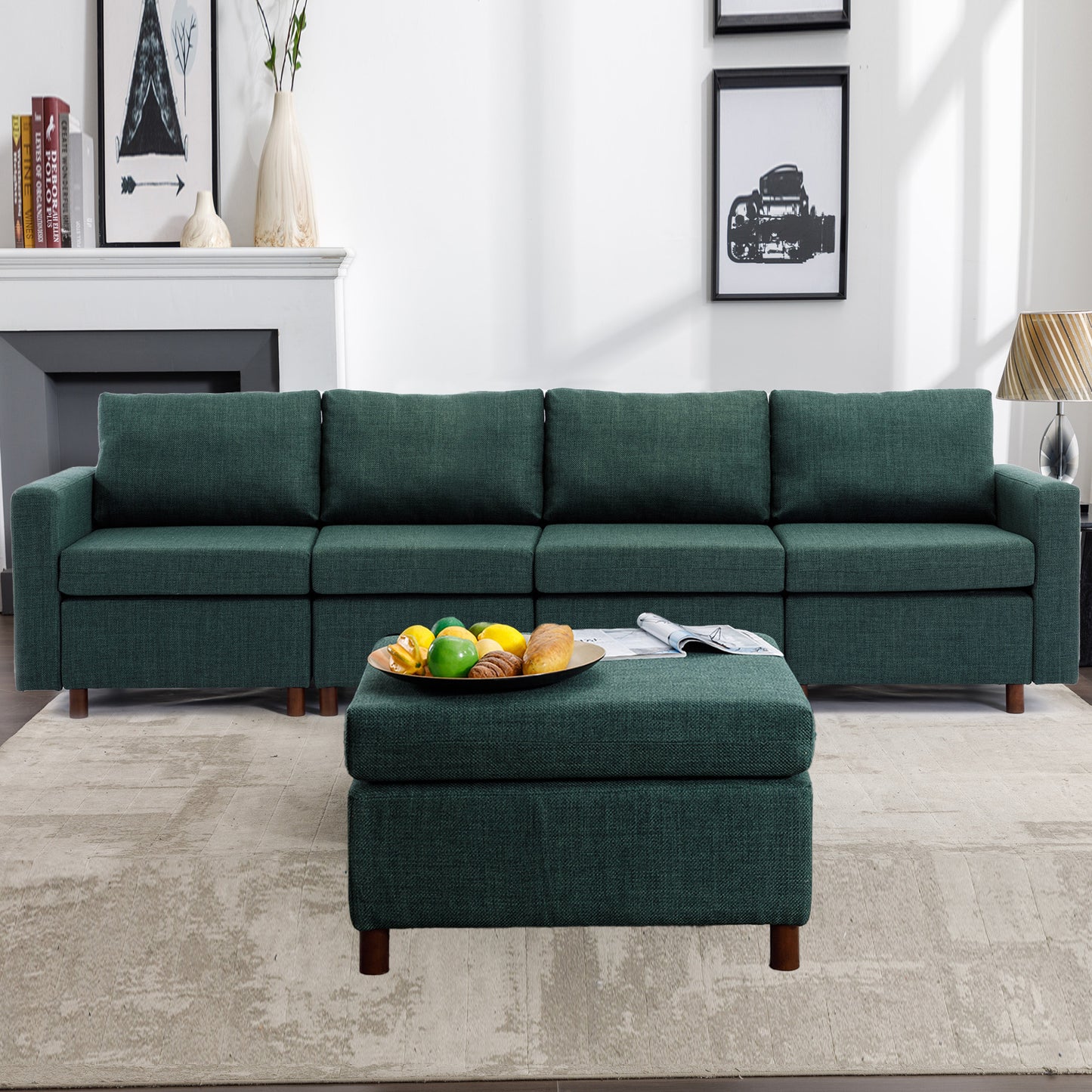 Modern 4 Seat Module Sectional Linen Sofa Set with Ottoman, Green