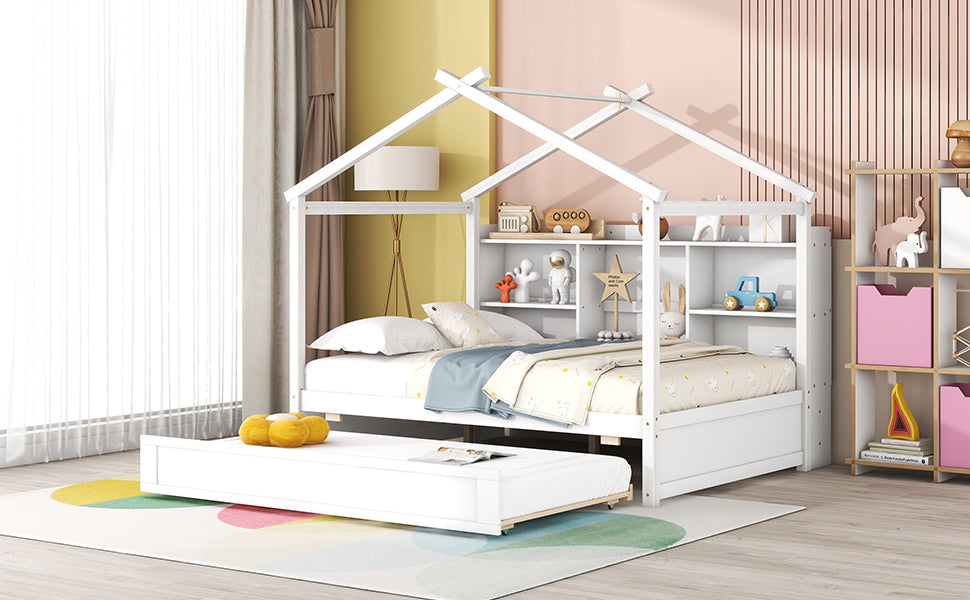 Full Size House Bed with Storage Shelves and Twin Size Trundle, Brushed White