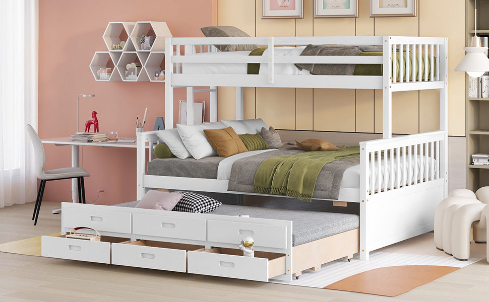 Playful Twin-Over-Full Bunk Bed with Trundle and Drawers - White