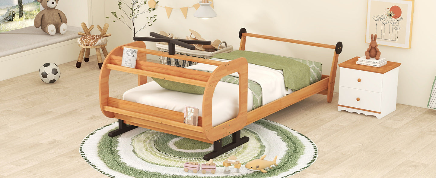 Twin Size Plane Shaped Platform Bed with Rotatable Propeller and Shelves, Natural