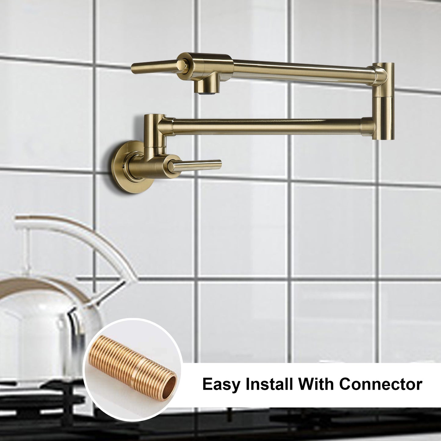 Pot Filler Faucet, Modern Brass Pot Filler Two-Attachment Wall Mount Folding Kitchen Pot Filler Swing Arm