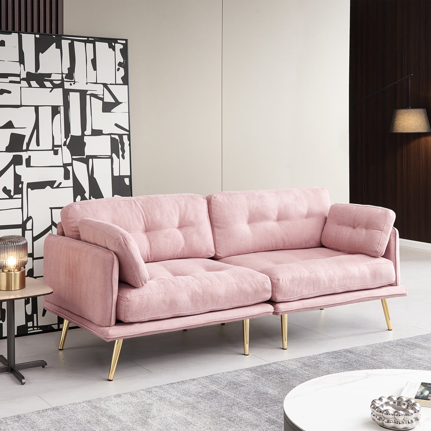 3-Seat Pink Linen Fabric Sofa with Gold Metal Legs