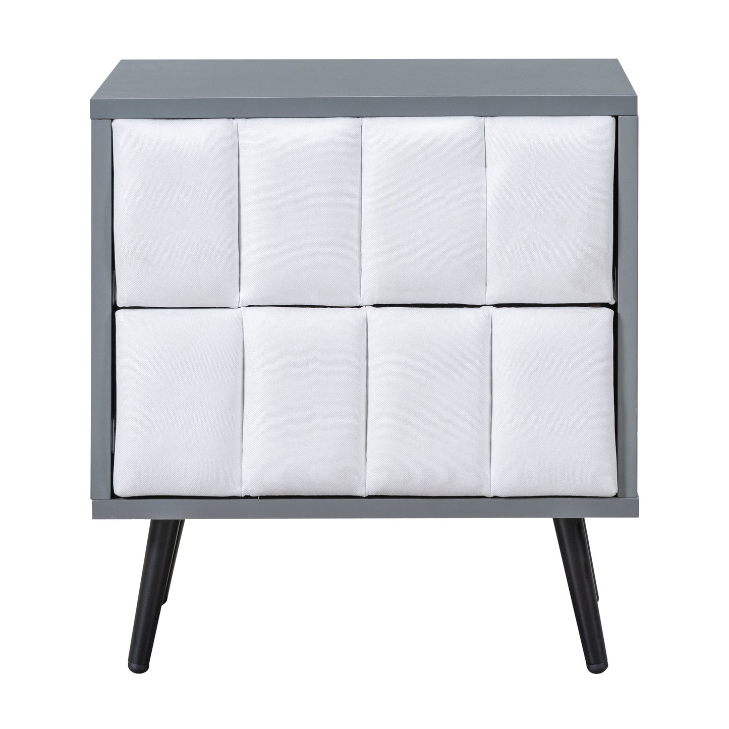 2-Drawer Nightstand for Bedroom, Mordern Wood+Linen Bedside Table with Classic Design,Gray+White