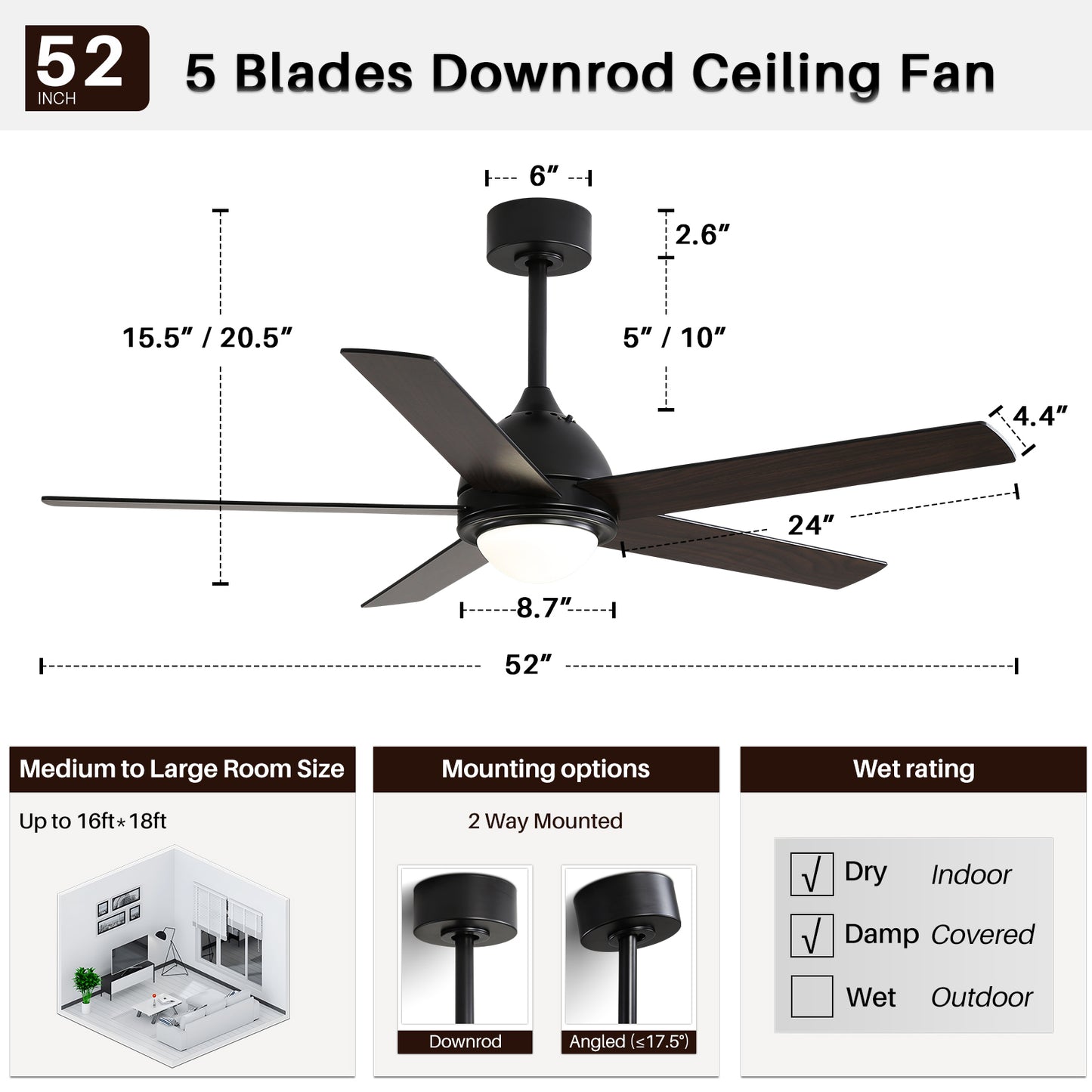 52-Inch Contemporary Ceiling Fan With Remote Control and LED Light
