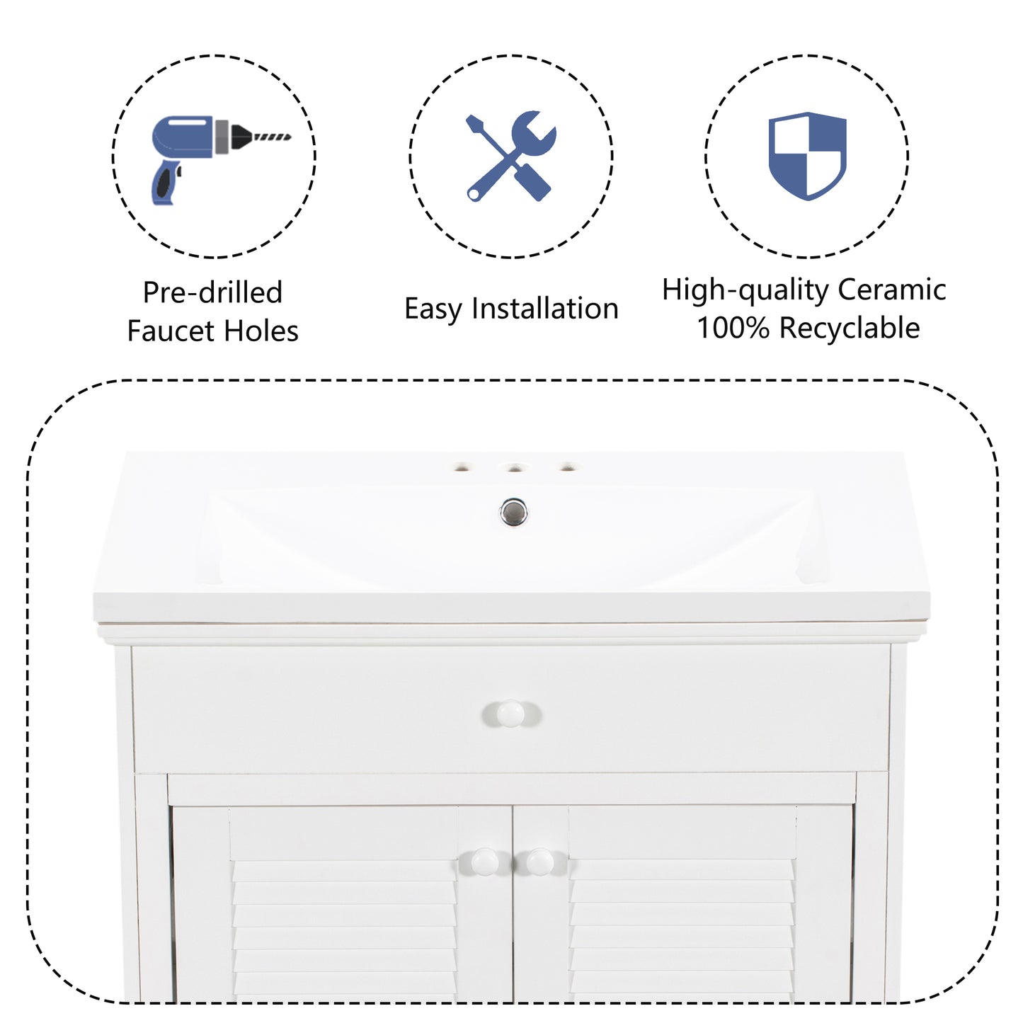 30" Bathroom Vanity with Sink, Bathroom Cabinet with Two Doors and One Drawer, White