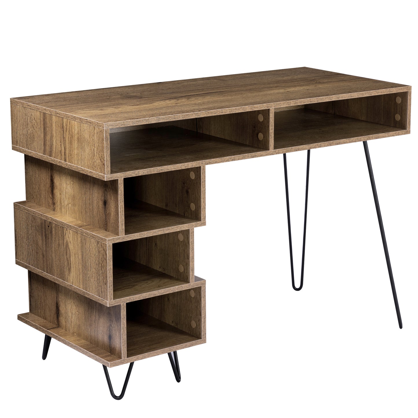 Geometric Brown Computer Desk with V-Shaped Iron Leg and Ample Storage