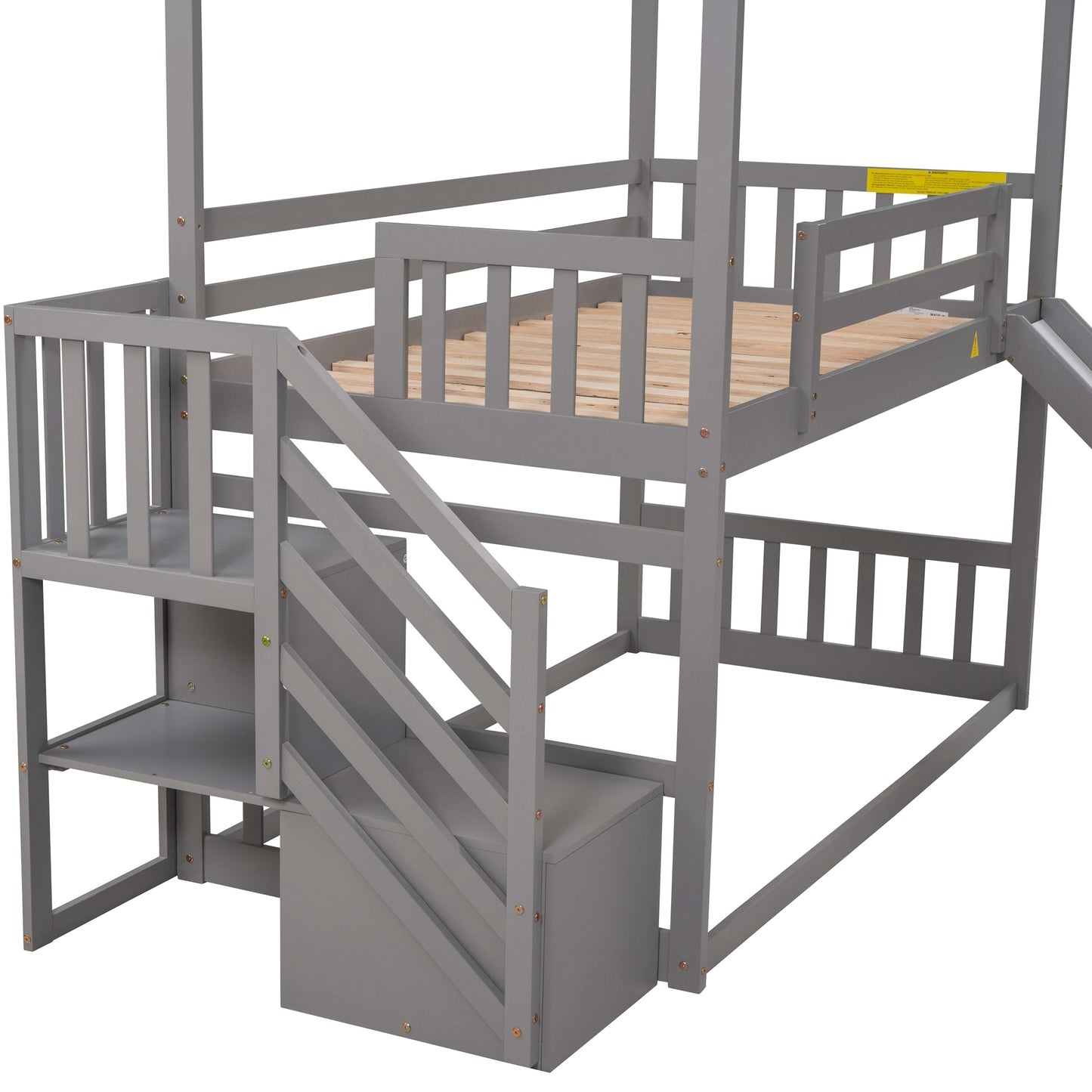 House Bunk Bed with Twin Over Twin Convertible Slide, Storage Staircase, and Gray Finish