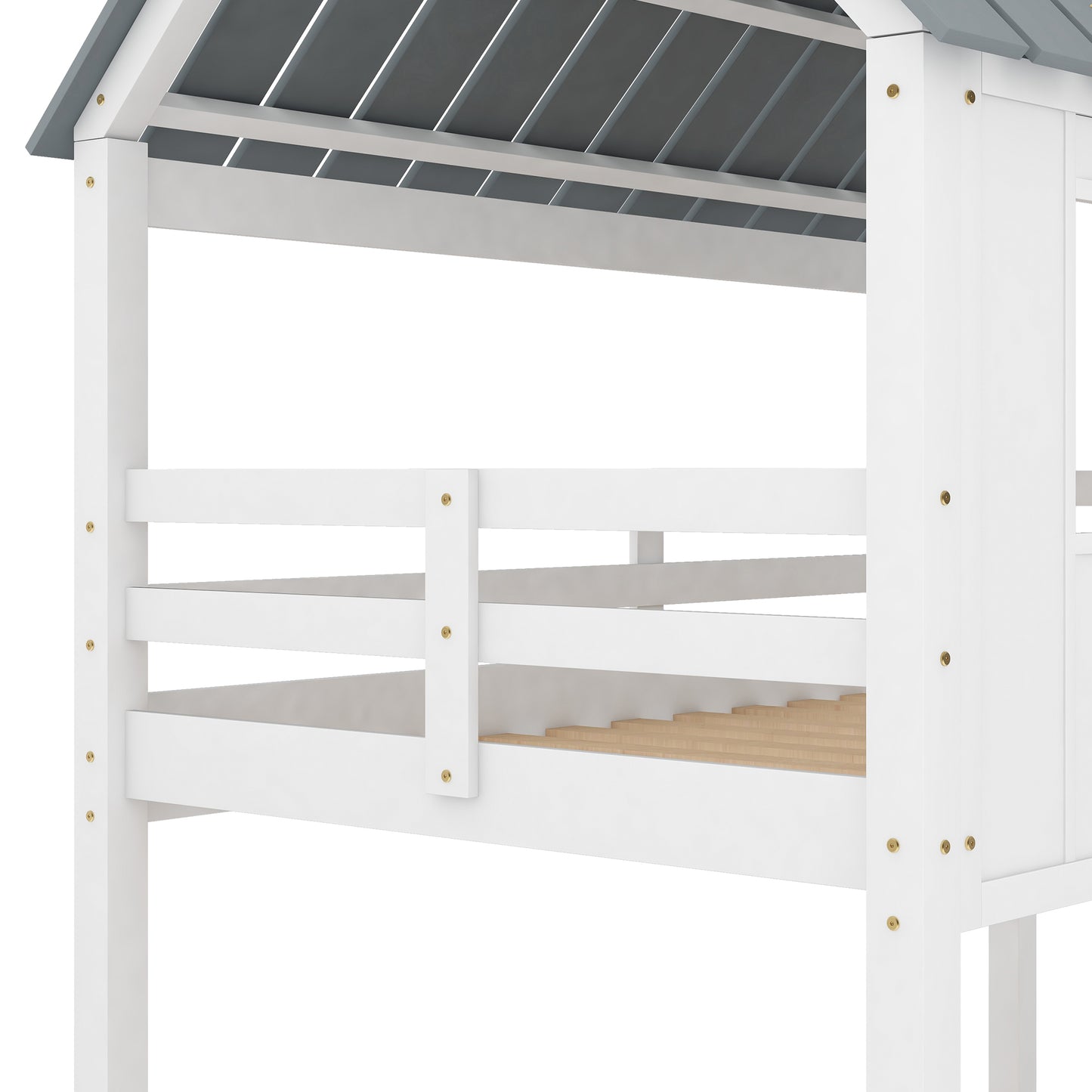 Barnyard Style White Twin Bunk Beds with Roof and Fence Guardrail