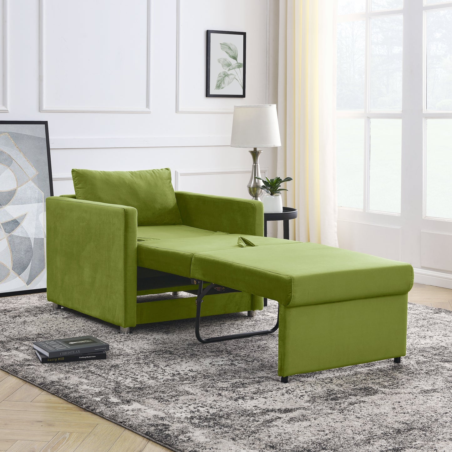 Sofa Bed Chair 2-in-1 Convertible Chair Bed, Lounger Sleeper Chair for Small Space with One Pillow, Green Velvet