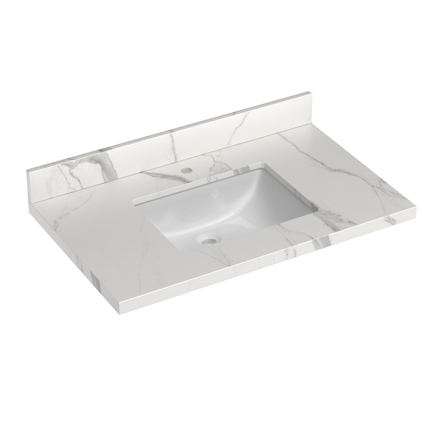 37 Inch Quartz Vanity Top with Undermounted Rectangular Ceramic Sink & Backsplash, White Calacatta Engineered Stone Countertop for Bathroom Kitchen Cabinet 1 Faucet Hole (not Include Cabinet)