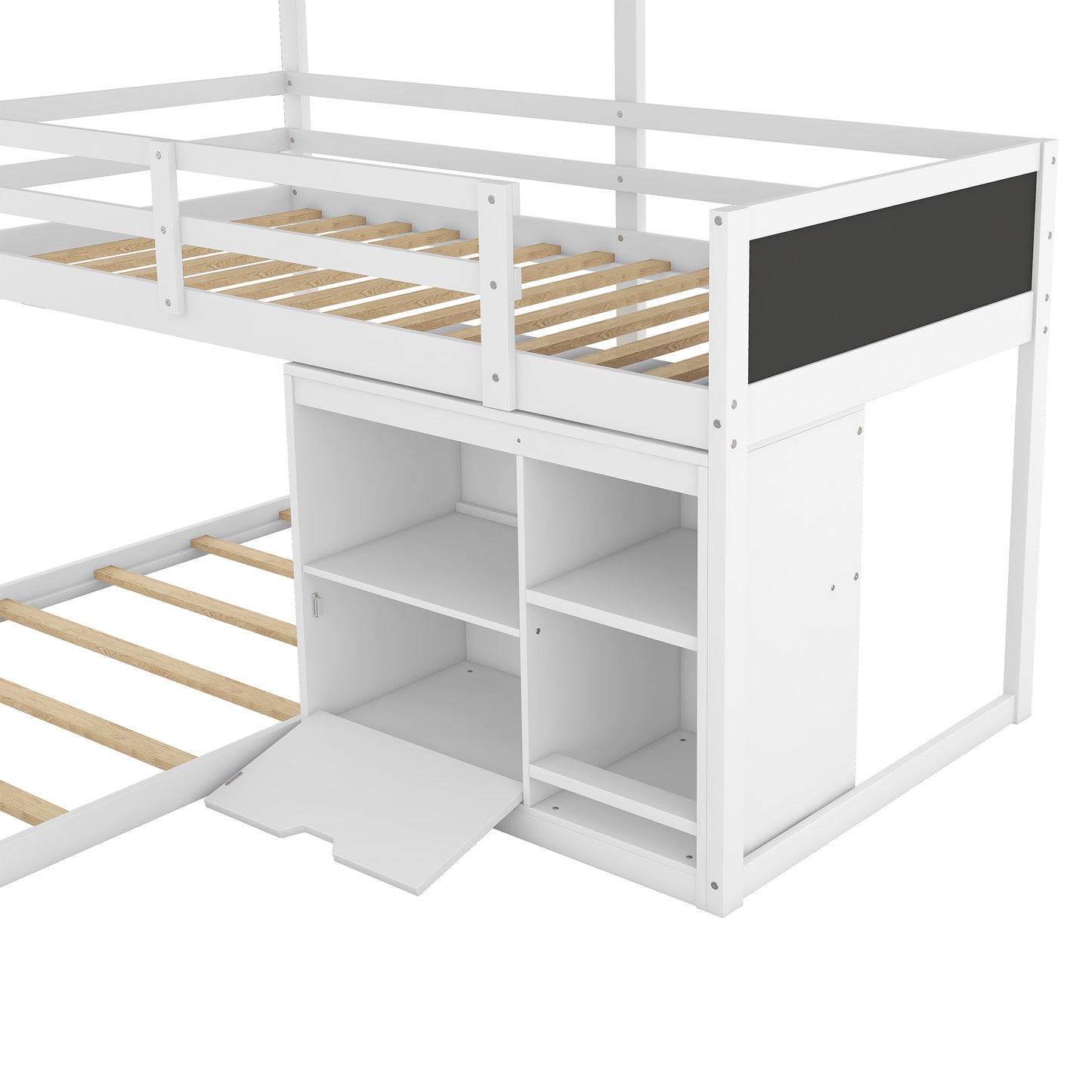 L-Shaped Triple Bunk Bed with Storage Cabinet, Blackboard, and White Finish - Innovative Space-Saving Solution