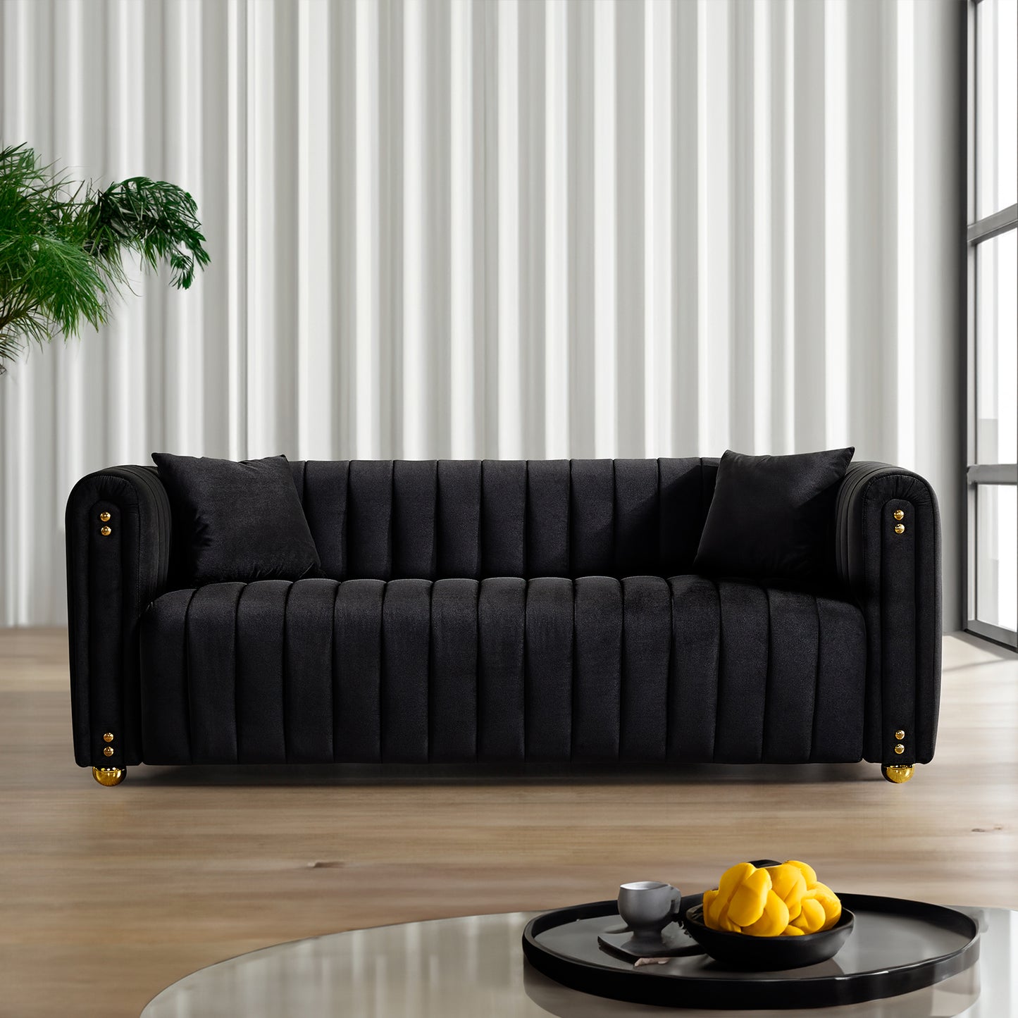 79.92 Black Channel Tufted Velvet Sofa with Generous Padding and Stylish Design