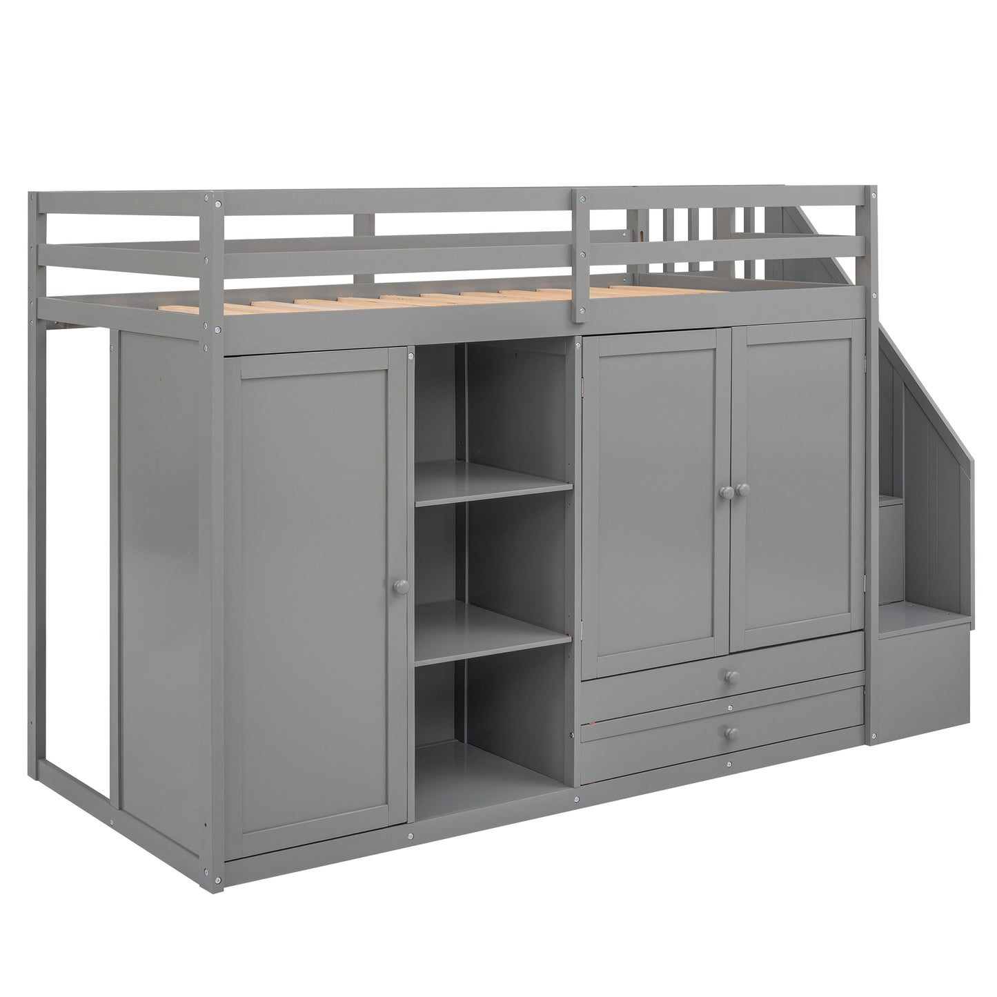 Functional Loft Bed with 3 Shelves, 2 Wardrobes and 2 Drawers,  Ladder with Storage, No Box Spring Needed, Gray